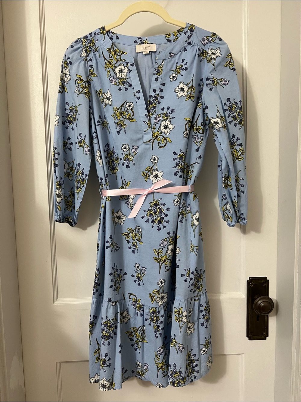 LOFT Light Blue Floral Split-Neck Dress with Pink Tie